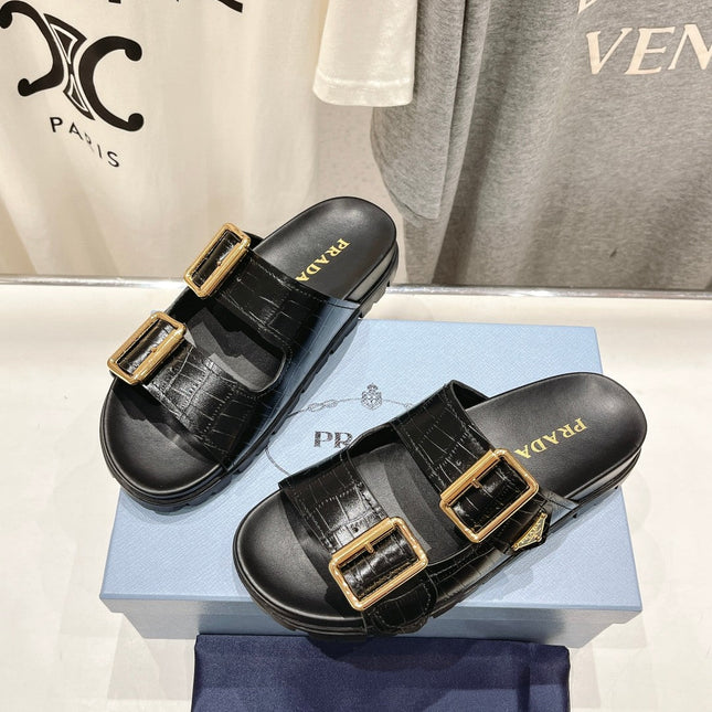 PRA CROCODILE MOTIF STRAP SLIDES SANDALS BLACK CALFSKIN