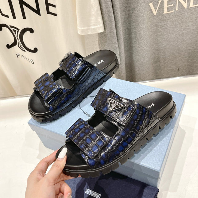 PRA CROCODILE LEATHER MOTIF SANDALS BLACK AND LAPIS CALFSKIN