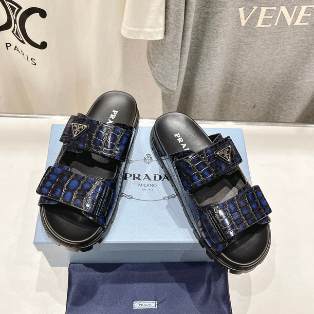 PRA CROCODILE LEATHER MOTIF SANDALS BLACK AND LAPIS CALFSKIN