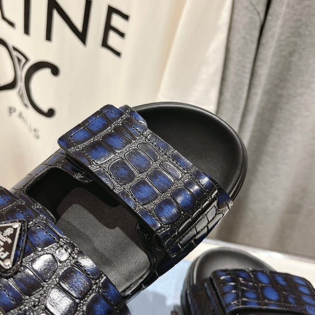 PRA CROCODILE LEATHER MOTIF SANDALS BLACK AND LAPIS CALFSKIN