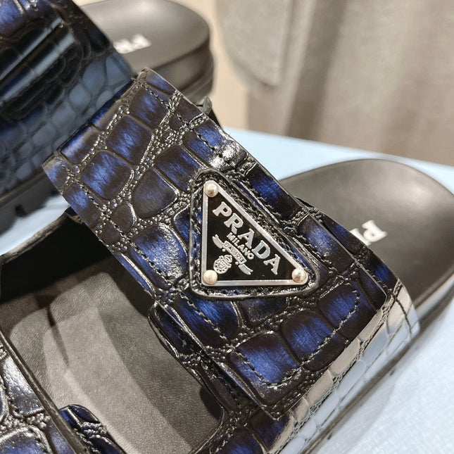 PRA CROCODILE LEATHER MOTIF SANDALS BLACK AND LAPIS CALFSKIN
