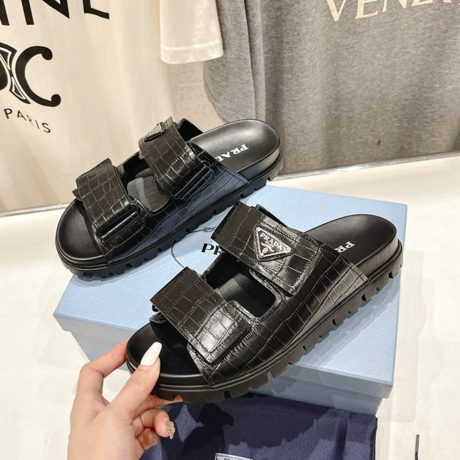 PRA CROCODILE LEATHER MOTIF SANDALS BLACK CALFSKIN