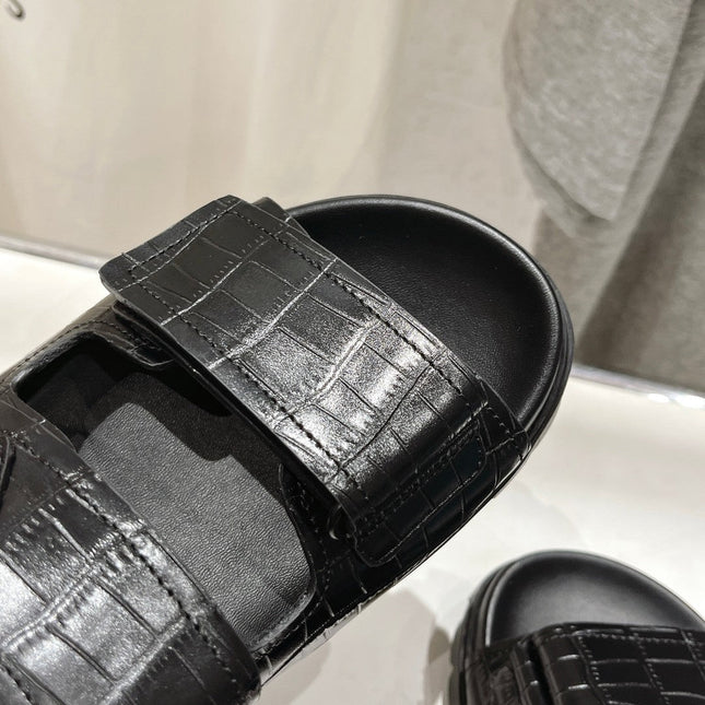 PRA CROCODILE LEATHER MOTIF SANDALS BLACK CALFSKIN