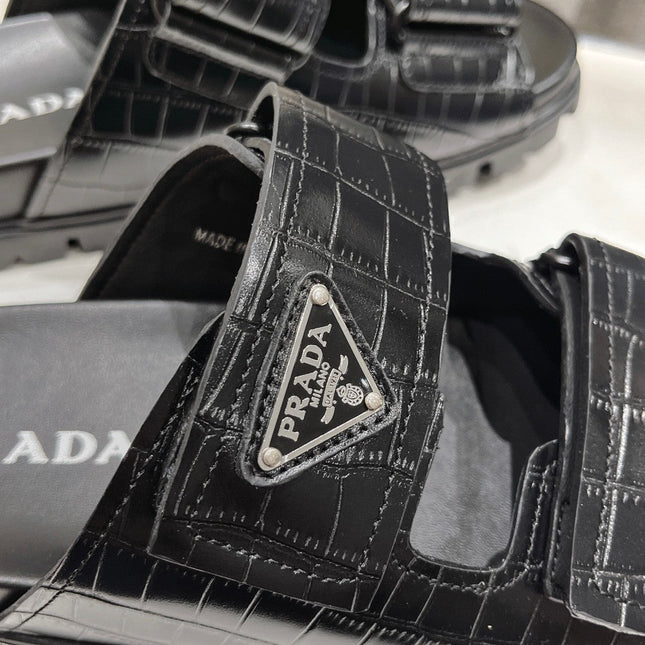 PRA CROCODILE LEATHER MOTIF SANDALS BLACK CALFSKIN