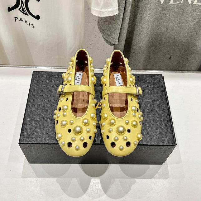 ALAIA PEARL MARY JANE SHOES IN YELLOW CORN LAMBSKIN