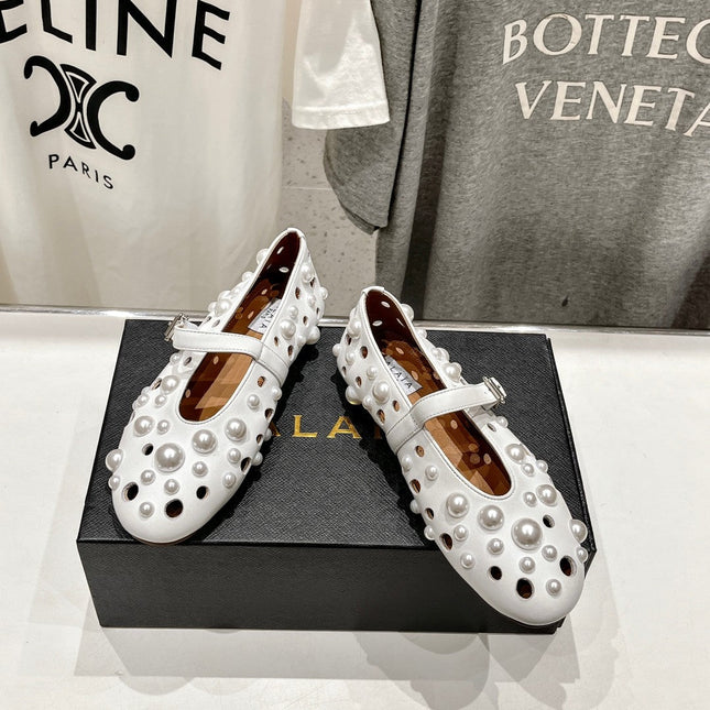 ALAIA PEARL MARY JANE SHOES WHITE LAMBSKIN