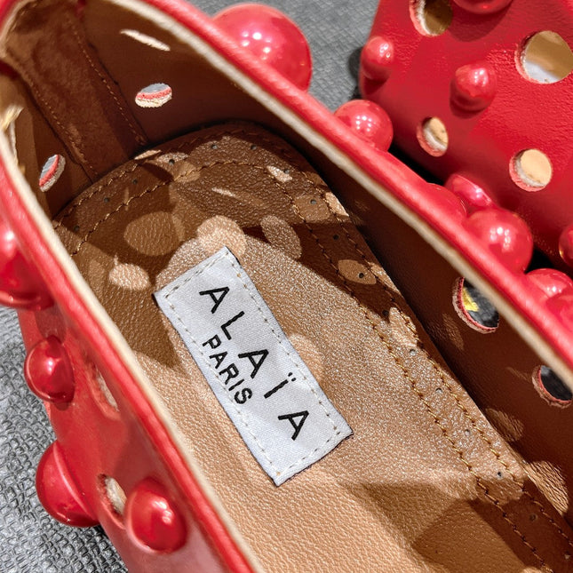 ALAIA PEARL MARY JANE SHOES IN ROSE RED LAMBSKIN
