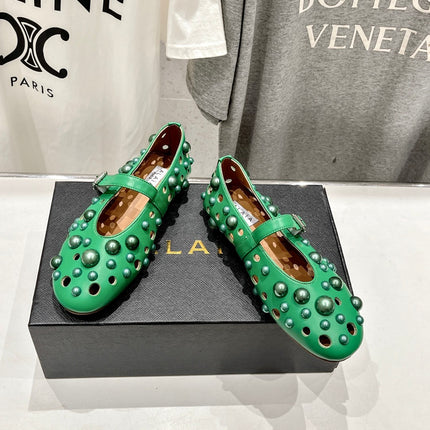 ALAIA PEARL MARY JANE SHOES IN EMERALD GREEN LAMBSKIN
