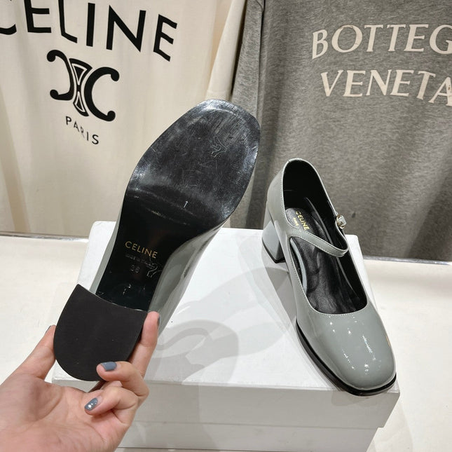MEDIUM - HEEL MARY JANE SHOES IN SMOKE GREY GLOSSY CALFSKIN