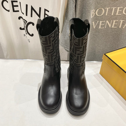 FENDI 25S ANKLE BOOTS IN BLACK COWHIDE AND CANVAS LOGO EMBOSSING