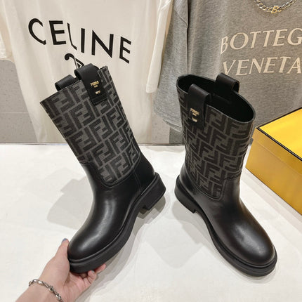 FENDI 25S ANKLE BOOTS IN BLACK COWHIDE AND CANVAS LOGO EMBOSSING