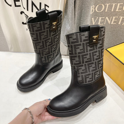 FENDI 25S ANKLE BOOTS IN BLACK COWHIDE AND CANVAS LOGO EMBOSSING