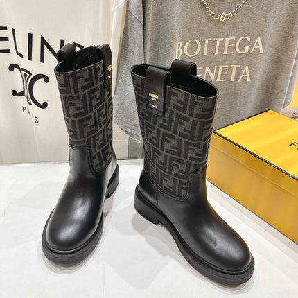 FENDI 25S ANKLE BOOTS IN BLACK COWHIDE AND CANVAS LOGO EMBOSSING