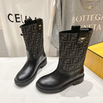 FENDI 25S ANKLE BOOTS IN BLACK COWHIDE AND CANVAS LOGO EMBOSSING