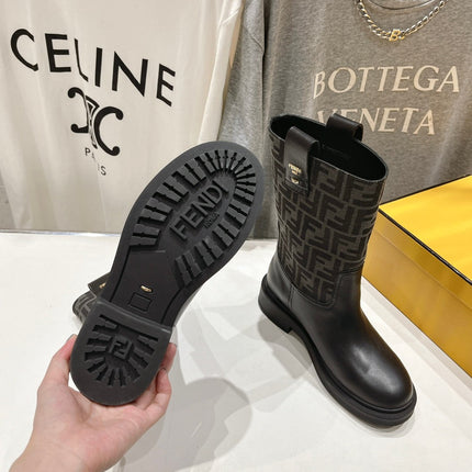 FENDI 25S ANKLE BOOTS IN BLACK COWHIDE AND CANVAS LOGO EMBOSSING