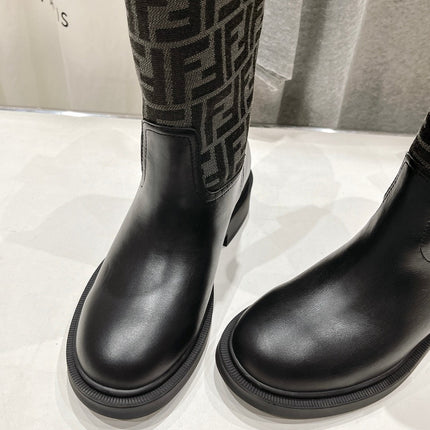 FENDI 25S ANKLE BOOTS IN BLACK COWHIDE AND CANVAS LOGO EMBOSSING