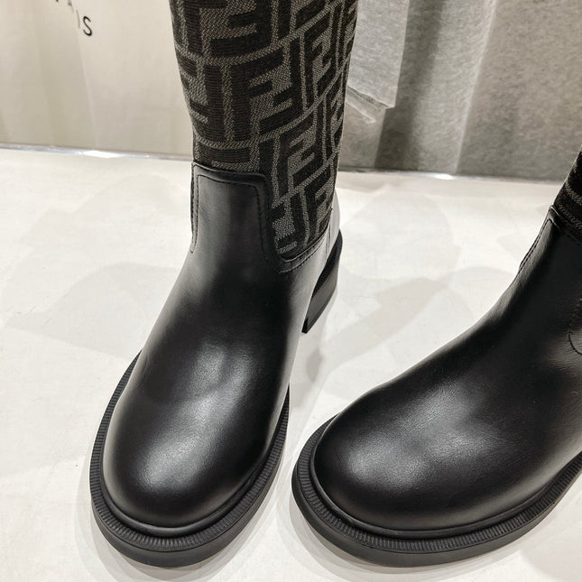 FENDI 25S ANKLE BOOTS IN BLACK COWHIDE AND CANVAS LOGO EMBOSSING