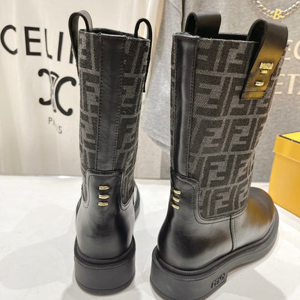 FENDI 25S ANKLE BOOTS IN BLACK COWHIDE AND CANVAS LOGO EMBOSSING
