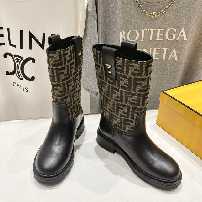 FENDI 25S ANKLE BOOTS IN BLACK COWHIDE AND BROWN CANVAS LOGO EMBOSSING