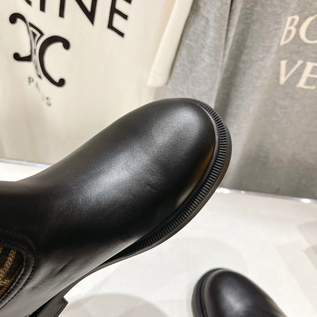 FENDI 25S ANKLE BOOTS IN BLACK COWHIDE AND BROWN CANVAS LOGO EMBOSSING