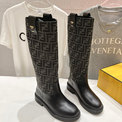 FENDI 25S HIGH BOOTS IN BLACK COWHIDE AND CANVAS LOGO EMBOSSING