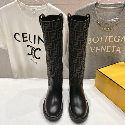 FENDI 25S HIGH BOOTS IN BLACK COWHIDE AND CANVAS LOGO EMBOSSING