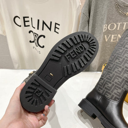 FENDI 25S HIGH BOOTS IN BLACK COWHIDE AND CANVAS LOGO EMBOSSING