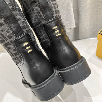 FENDI 25S HIGH BOOTS IN BLACK COWHIDE AND CANVAS LOGO EMBOSSING