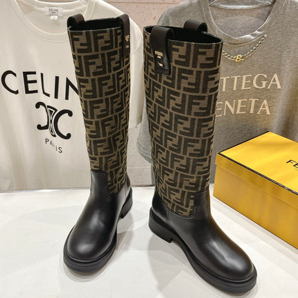 FENDI 25S HIGH BOOTS IN BLACK COWHIDE AND BROWN CANVAS LOGO EMBOSSING