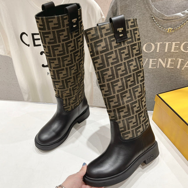FENDI 25S HIGH BOOTS IN BLACK COWHIDE AND BROWN CANVAS LOGO EMBOSSING