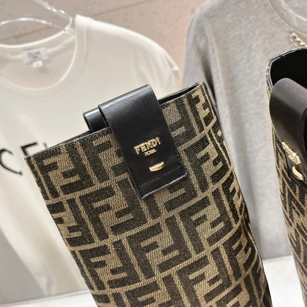 FENDI 25S HIGH BOOTS IN BLACK COWHIDE AND BROWN CANVAS LOGO EMBOSSING