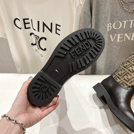 FENDI 25S HIGH BOOTS IN BLACK COWHIDE AND BROWN CANVAS LOGO EMBOSSING