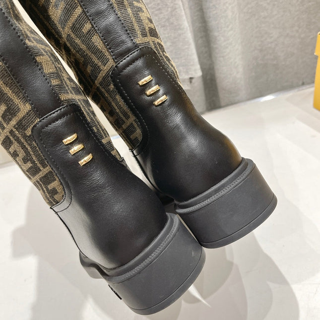 FENDI 25S HIGH BOOTS IN BLACK COWHIDE AND BROWN CANVAS LOGO EMBOSSING