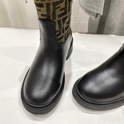 FENDI 25S HIGH BOOTS IN BLACK COWHIDE AND BROWN CANVAS LOGO EMBOSSING
