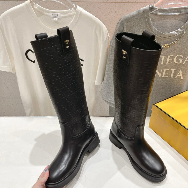 FENDI 25S HIGH BOOTS IN BLACK COWHIDE LOGO EMBOSSING