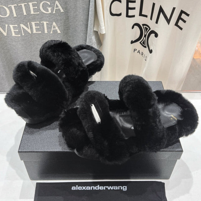 CHUNKY PLATFORM SLIPPER IN BLACK RABBIT FUR