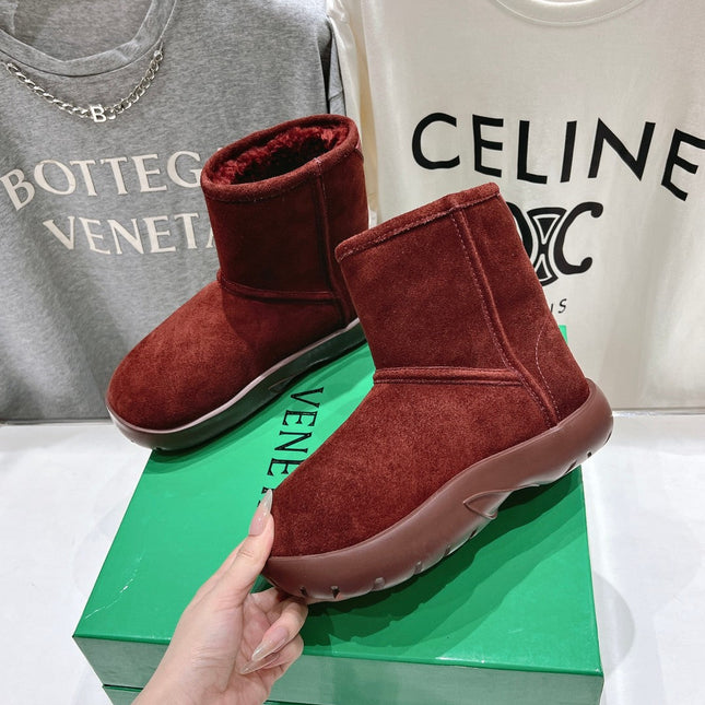 SNAP MINI ANKLE BOOTS IN JAM RED SUEDE AND SHEARLING LINING