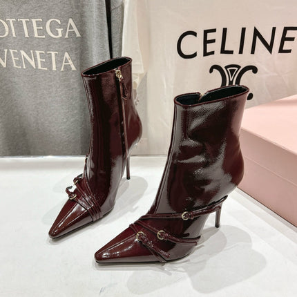 HIGH HEEL POINTED-TOE BOOTS IN WINE RED PATENT LAMBSKIN