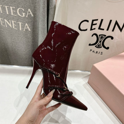 HIGH HEEL POINTED-TOE BOOTS IN WINE RED PATENT LAMBSKIN