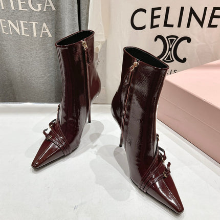 HIGH HEEL POINTED-TOE BOOTS IN WINE RED PATENT LAMBSKIN