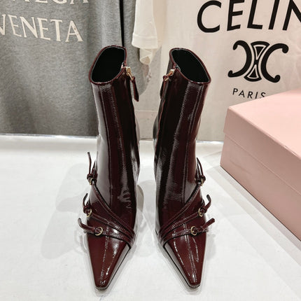 HIGH HEEL POINTED-TOE BOOTS IN WINE RED PATENT LAMBSKIN