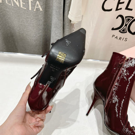 HIGH HEEL POINTED-TOE BOOTS IN WINE RED PATENT LAMBSKIN