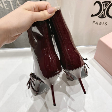 HIGH HEEL POINTED-TOE BOOTS IN WINE RED PATENT LAMBSKIN