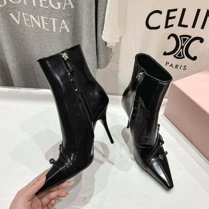 HIGH HEEL POINTED-TOE BOOTS IN BLACK SHINY LAMBSKIN