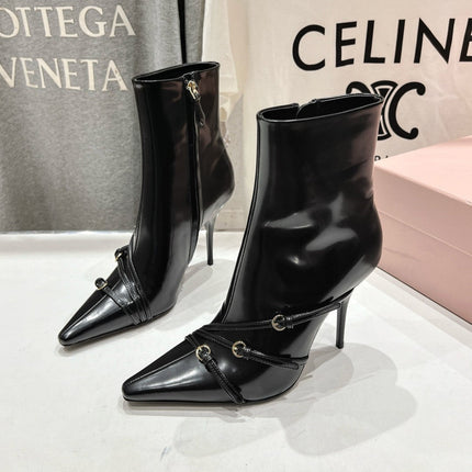 HIGH HEEL POINTED-TOE BOOTS IN BLACK SHINY LAMBSKIN