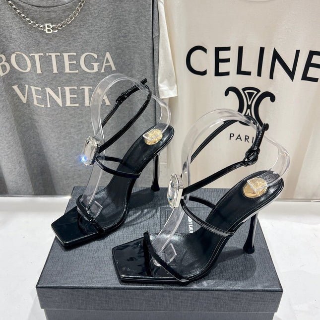 HIGH HEEL SANDALS IN BLACK GLOSSY CALFSKIN WTH STRAPS ATTACHED GEM
