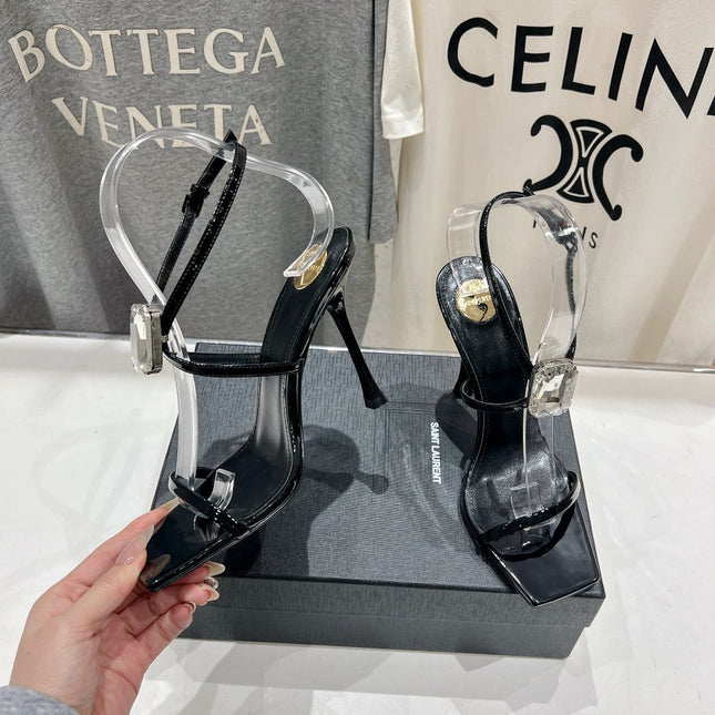 HIGH HEEL SANDALS IN BLACK GLOSSY CALFSKIN WTH STRAPS ATTACHED GEM
