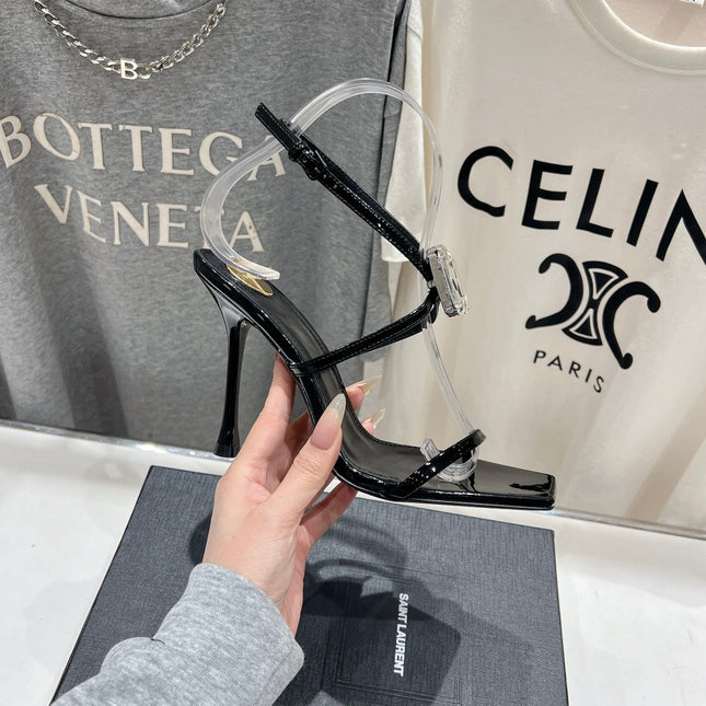 HIGH HEEL SANDALS IN BLACK GLOSSY CALFSKIN WTH STRAPS ATTACHED GEM