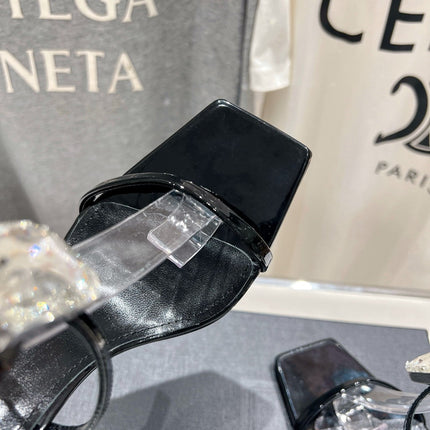 HIGH HEEL SANDALS IN BLACK GLOSSY CALFSKIN WTH STRAPS ATTACHED GEM