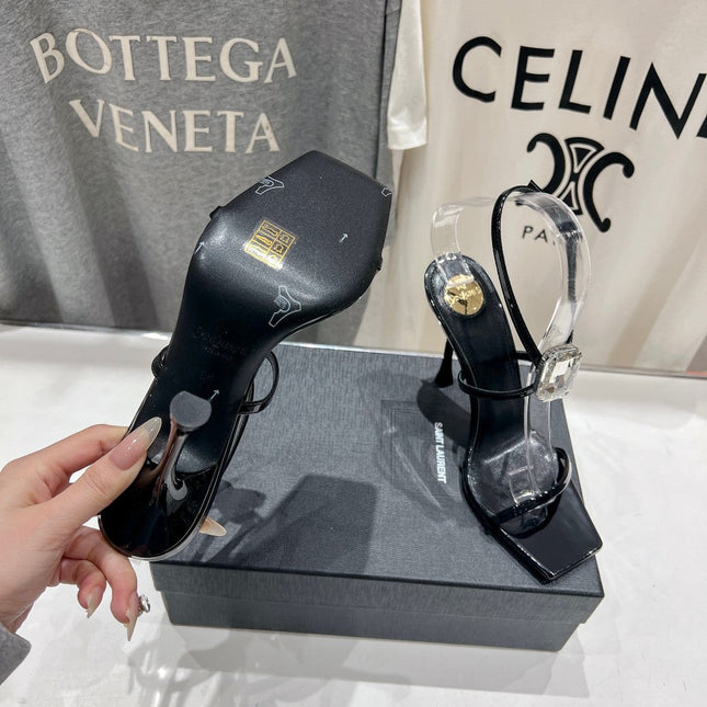 HIGH HEEL SANDALS IN BLACK GLOSSY CALFSKIN WTH STRAPS ATTACHED GEM